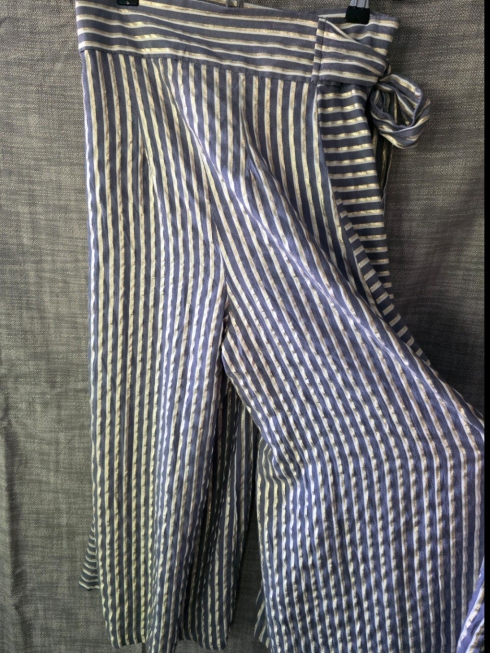 Women's Blue, White And Gold Striped Wide-Leg Bohemian Style Pants with Side Tie